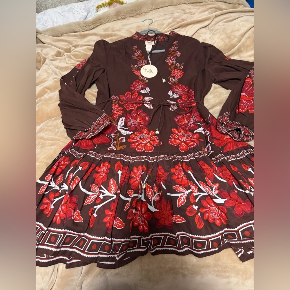 NWT Camila Coelho Brown Mini Dress Red Floral Women’s Small